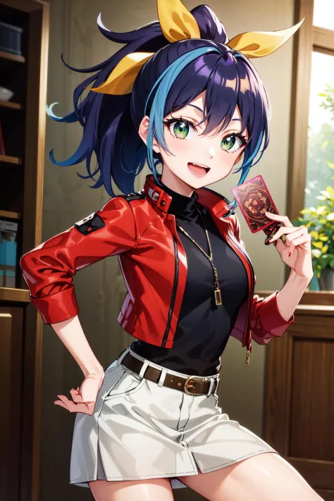 masterpiece, best quality, highres, aaserena, ponytail, multicolored hair, red jacket, black shirt, belt, white skirt, <lora:serena_(yu-gi-oh!)_v1:0.7>, holding card, smile, open mouth,