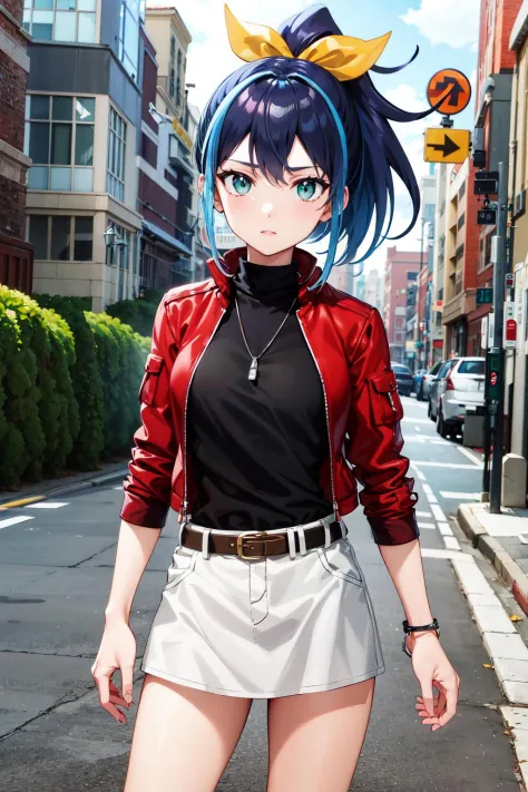 masterpiece, best quality, highres, aaserena, ponytail, multicolored hair, red jacket, black shirt, belt, white skirt, <lora:serena_(yu-gi-oh!)_v1:0.7>, looking at viewer, standing, cowboy shot, street