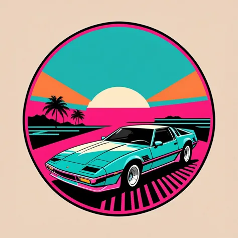 logomkrdsxl,  80s sports car, circular logo, sunset, retro, vector, text "miami vice",  <lora:logomkrdsxl:0.8>, best quality, ma...