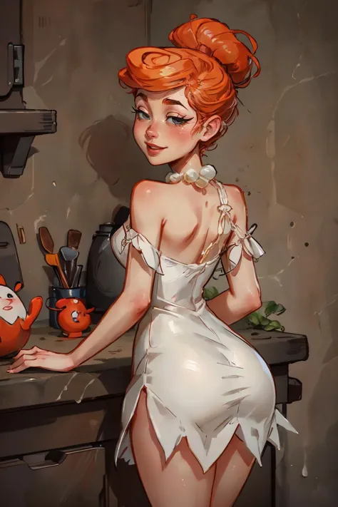 VilmaFlintStone, Yeux noirs, cheveux roux, Chignon, Robe blanche, collier de perles, regarder le spectateur, sourire séduisant, rougir,debout, depuis_Derrière, est, à l&#39;intérieur de la cuisine, comptoir, Haute qualité, chef-d&#39;œuvre, 