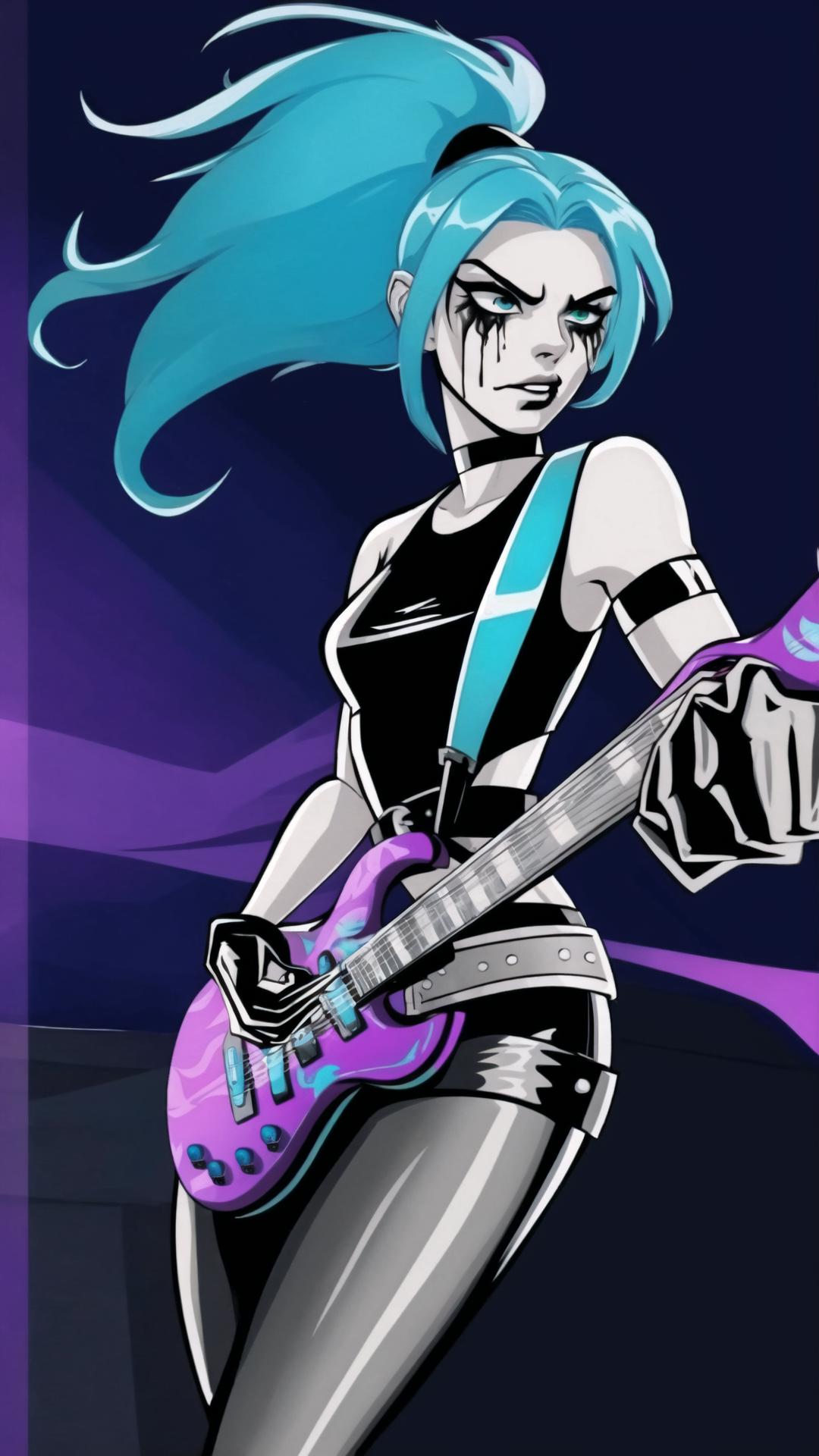 A cartoon picture of a woman with blue hair playing a guitar - SeaArt AI