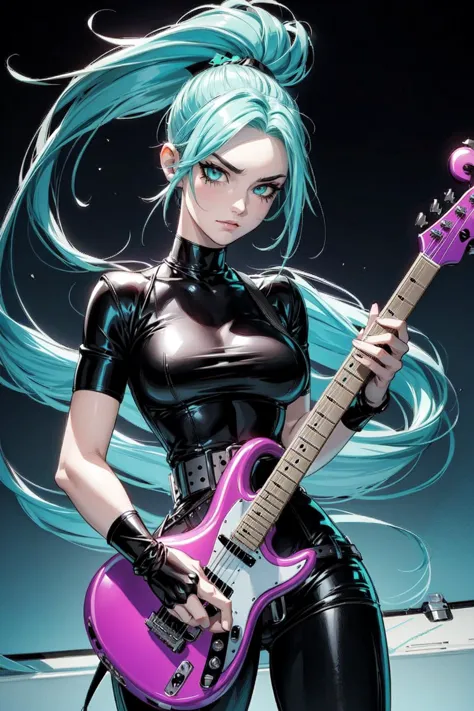 thick outlines, comics, photorealistic, perfect hands, masterpiece:1.2, scene, concert, 1girl, solo, Standing, electric guitar, ...