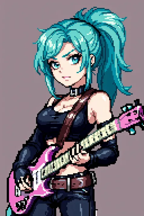 a woman with blue hair and a guitar in her hands