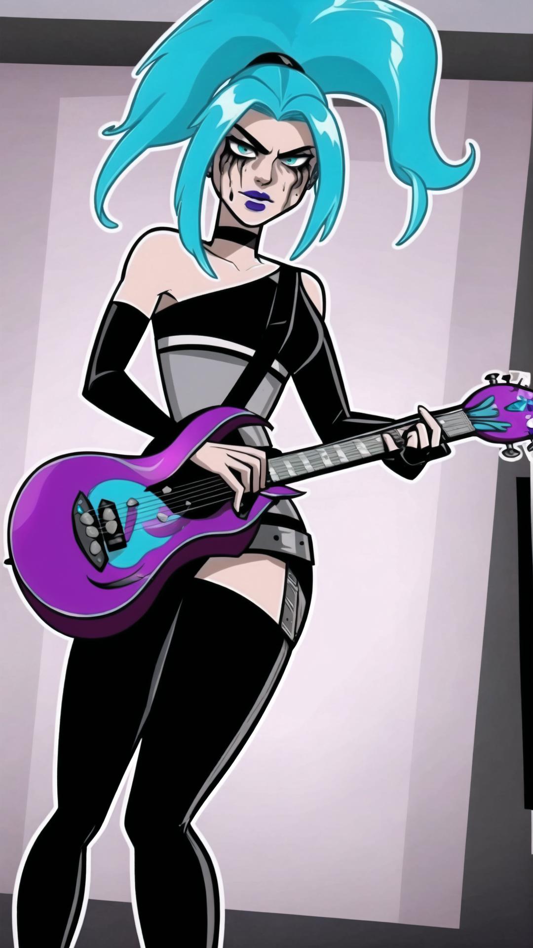 A cartoon picture of a woman with blue hair playing a guitar - SeaArt AI