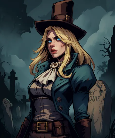 GrveRbber,blond hair,blue eyes,
top hat,coat,pants,fingerless gloves,belt,ascot,
standing,upper body,
dark,graveyard,darkest dungeon,
(insanely detailed, beautiful detailed face, masterpiece, best quality),<lora:GraveRobber-10DDv7:0.8>,