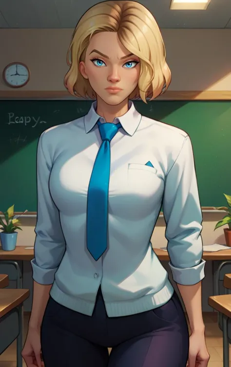 a close up of a cartoon woman in a classroom with a blackboard