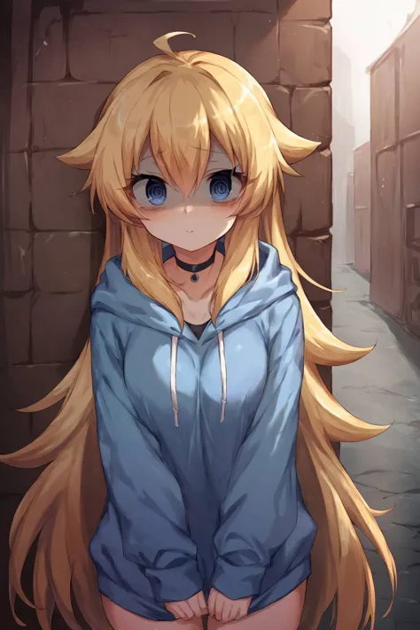 score_9, score_8_up, score_7_up,
(detailed eyes:1.3), Beautiful Lighting, (1girl:blue  eyes, blonde hair, long hair, hair intakes, (hair between eyes:1.1)), (outdoors, alley:1.3), black choker, oversized hoodie, 
 <lora:sakuramu:1>, scared expression,