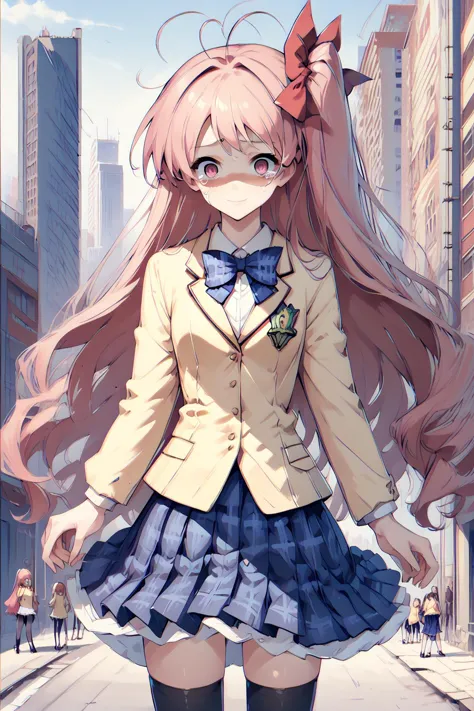 anime girl in school uniform walking down a city street