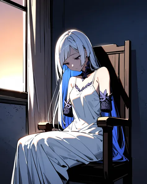 masterpiece, best quality, absurdres, very authentic, three-quarter view, 1girl, solo, full body, brynhildr \(fate\), very long hair, colored inner hair, armless amputee, legless amputee, sitting, on chair, expressionless, looking down, indoors, dusk, backlighting, window, curtains, white camisole, long dress, white frilled lace trimmed arm wrapper, wall, window, <lora:amputee-anxl31-000089:0.8>,