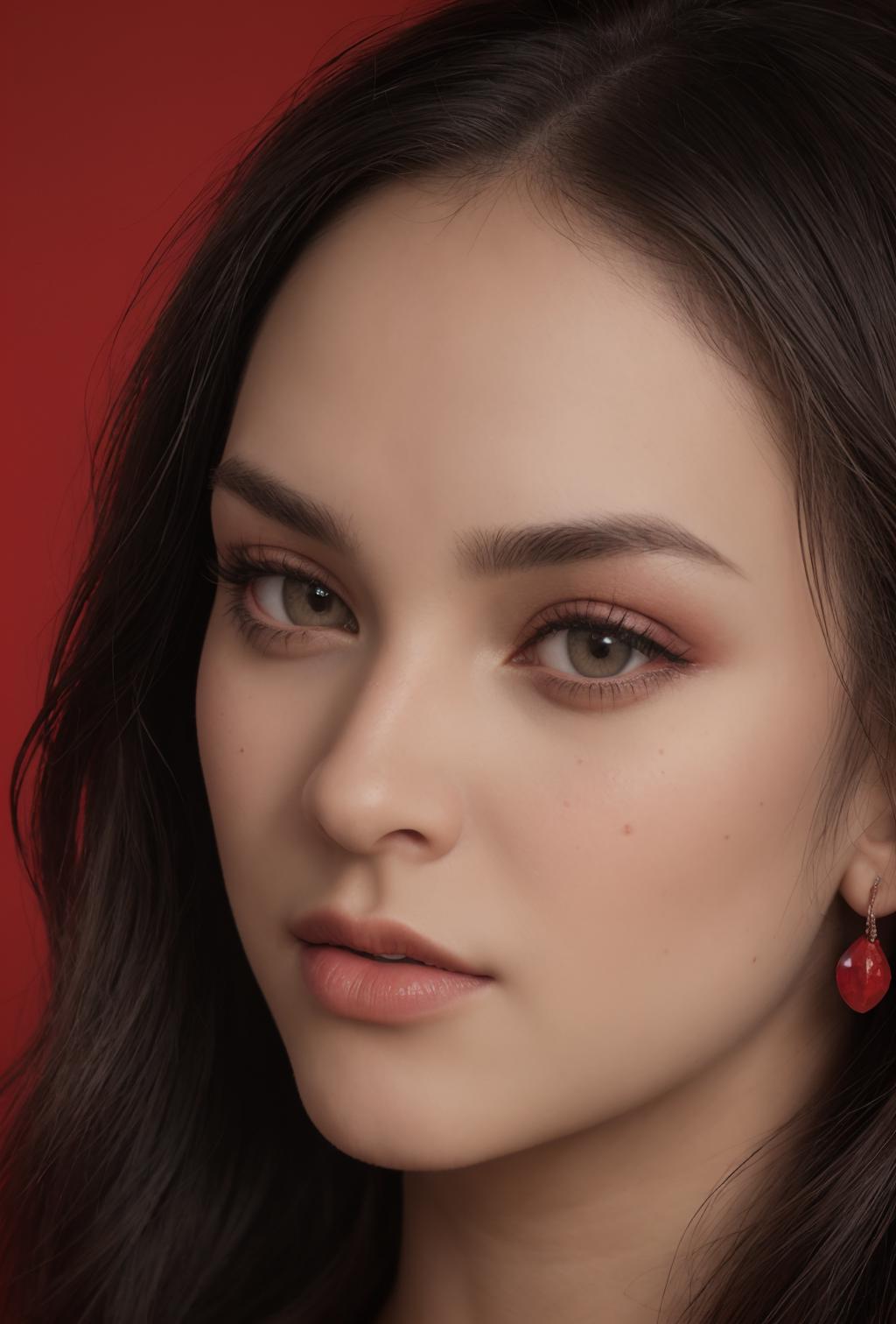 A close up of a woman with a red jacket and a black shirt - SeaArt AI