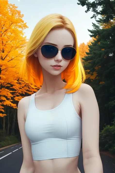 breasts, <lora:fcPerkyV3:1>, from_above, crop top, detailed face, yellow bodycon tank top, hair, park, sky, trees, pale skin, mo...