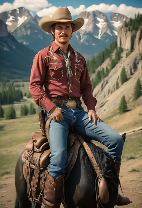 arafed man in cowboy hat sitting on a horse in a mountain