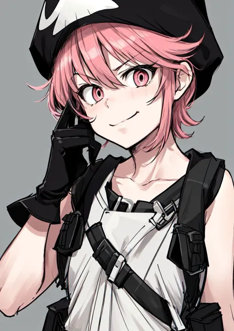 masterpiece, best quality, <lora:jakuzure_nonon-20:0.8>, (jakuzure nonon), (black soft hat),  (holster), (black gloves),(utility belt),(shoulder holster), (hand up),(smug), (hand near face)