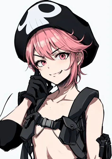 masterpiece, best quality, <lora:jakuzure_nonon-20:0.8>, (jakuzure nonon), (black soft hat),  (holster), (black gloves),(utility belt),(shoulder holster), (hand up),(smug), (hand near face)