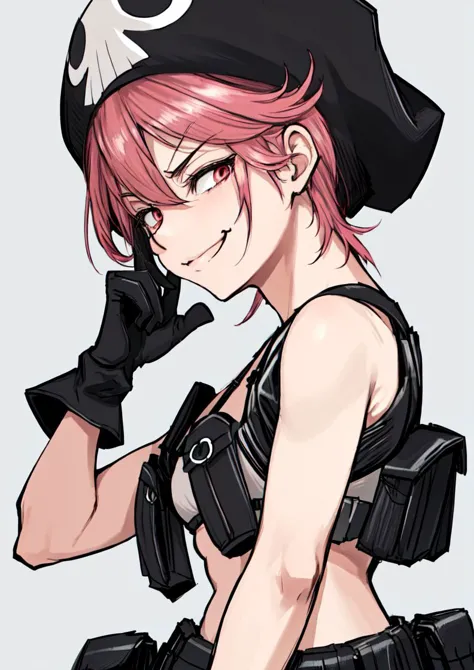 masterpiece, best quality, <lora:jakuzure_nonon-20:0.8>, (jakuzure nonon), (black soft hat),  (holster), (black gloves),(utility...