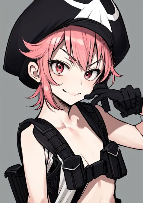 masterpiece, best quality, <lora:jakuzure_nonon-20:0.8>, (jakuzure nonon), (black soft hat),  (holster), (black gloves),(utility belt),(shoulder holster), (hand up),(smug), (hand near face)