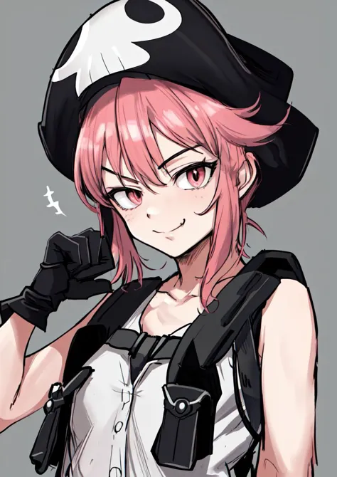 masterpiece, best quality, <lora:jakuzure_nonon-20:0.8>, (jakuzure nonon), (black soft hat),  (holster), (black gloves),(utility...