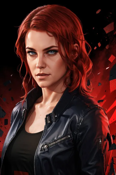 <lora:jesse_faden-10:0.6>, jesseC_soul3142, solo, 1girl, red hair, jacket, red theme, looking at viewer, realistic