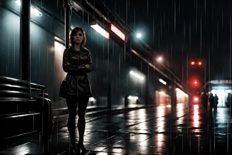 <lora:Neo_Noir_Style_sd1.5:1> neo noir, a woman standing, waiting for a train at a train station at night in the rain