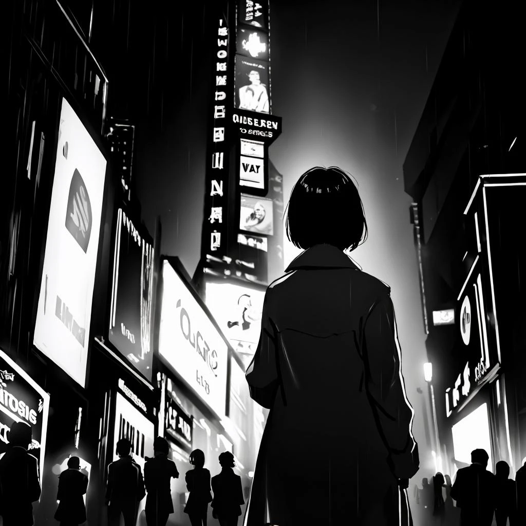 neo preto, fotografia em preto e branco, uma mulher com uma capa de chuva vista por trás, parada na Times Square à noite