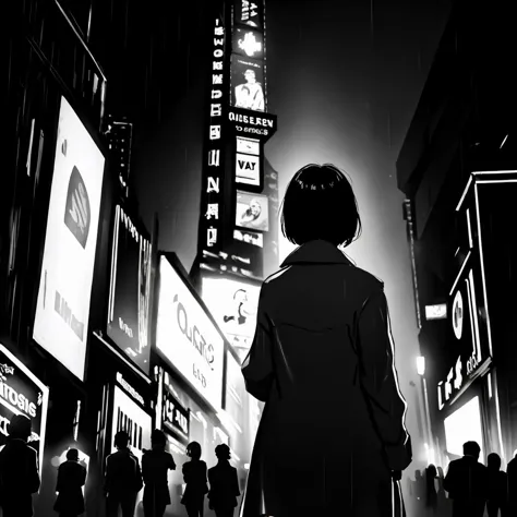 <lora:Neo_Noir_Style_sd1.5:1> neo noir, black and white photograph, a woman in a raincoat viewed from behind standing in Times S...