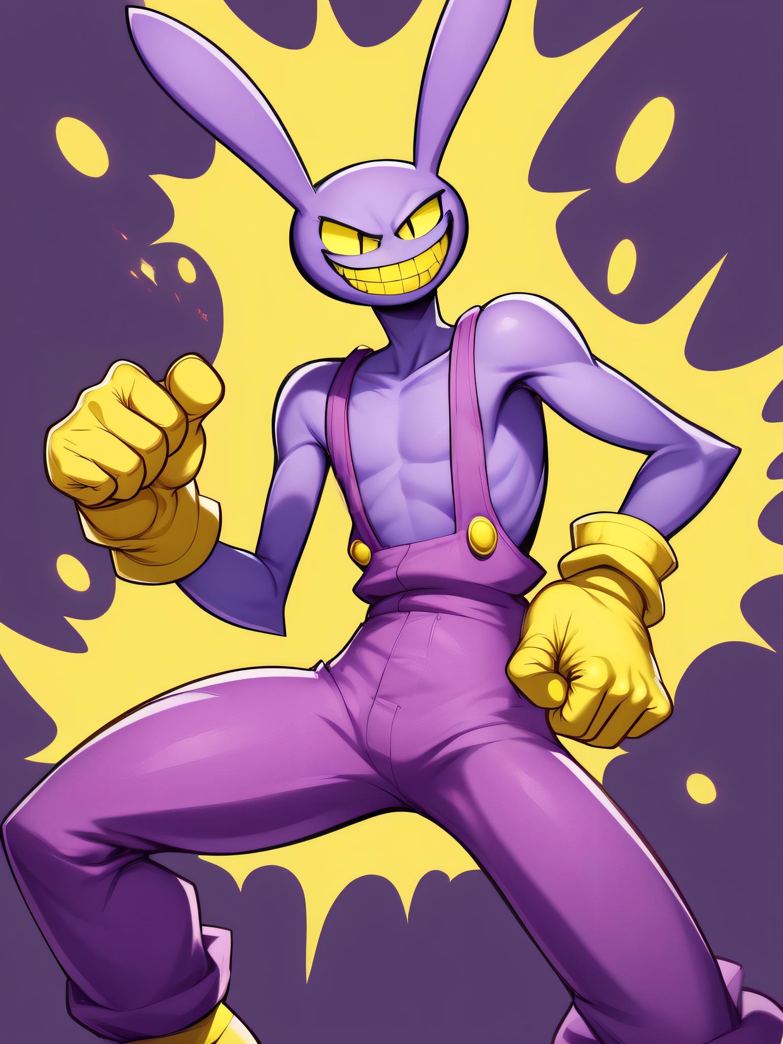 A cartoon character with a purple outfit and yellow gloves - SeaArt AI