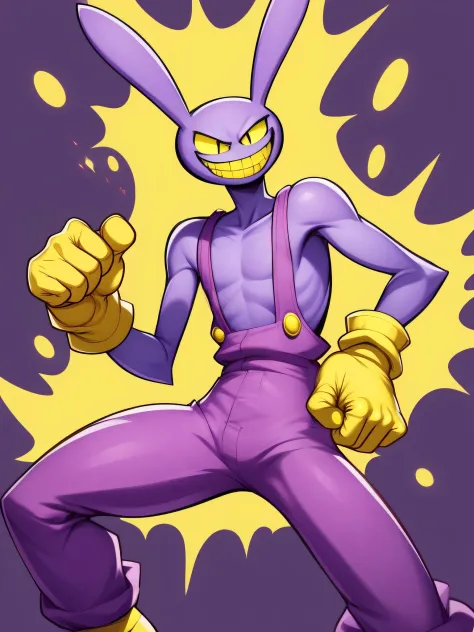 ДжаксУдивительный , человек-кролик , фиолетовый мех , желтые перчатки, фиолетовый комбинезон, голый комбинезон , улыбка 