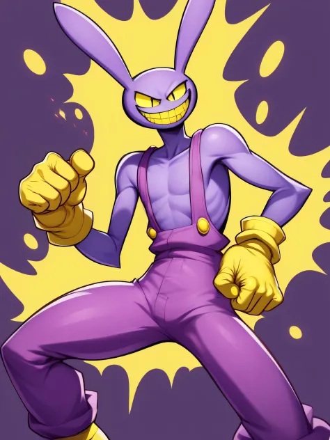 JaxAmazing , bunny man , purple fur , yellow gloves, purple overalls, naked overalls , smile <lora:JaxAmazingSDXL-000007:0.73>