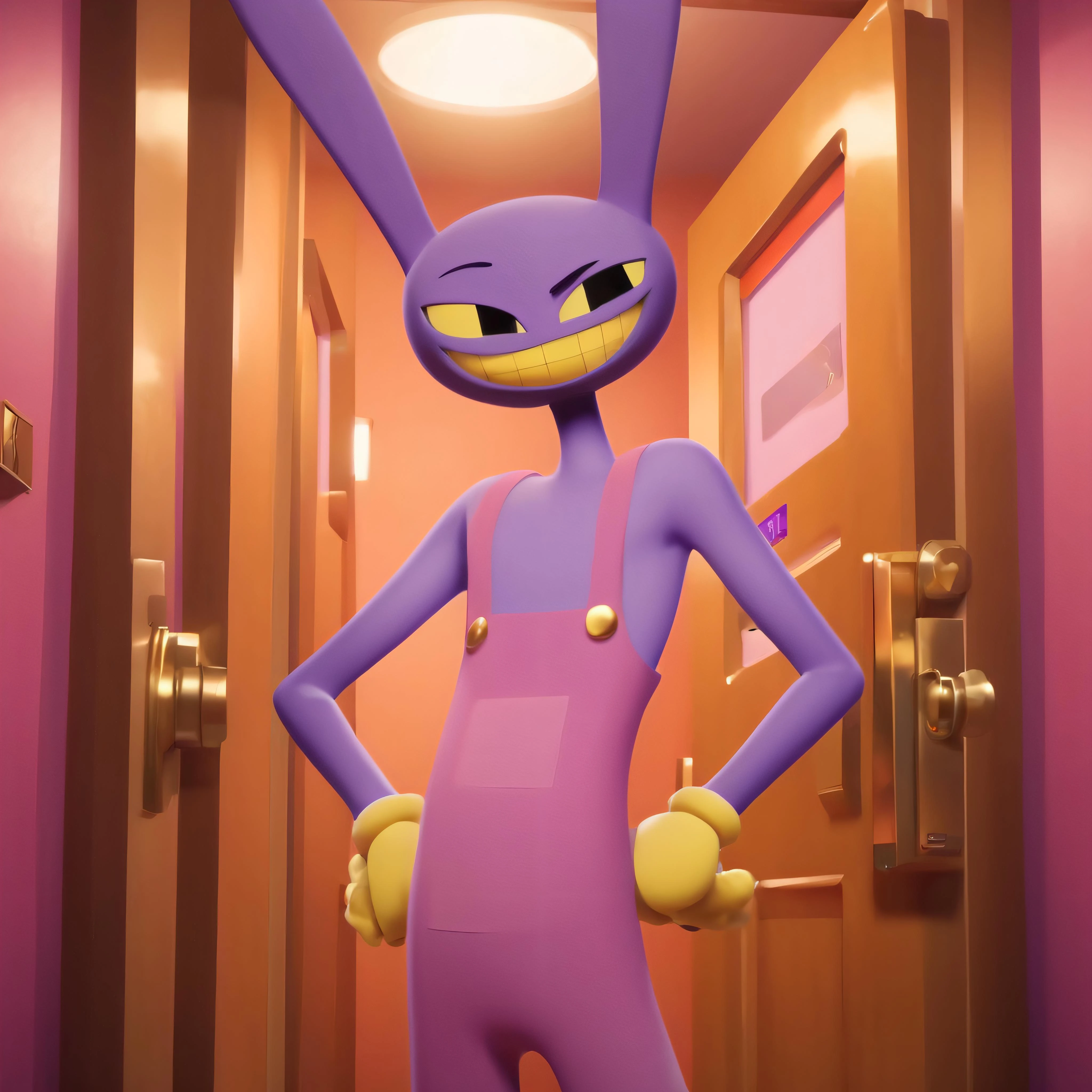anime artwork  JaxAmazing , bunny man , purple fur , yellow gloves, purple overalls, naked overalls , 2d, looking at the camera , emergency exit doors background , anime style . anime style, key visual, vibrant, studio anime,  highly detailed