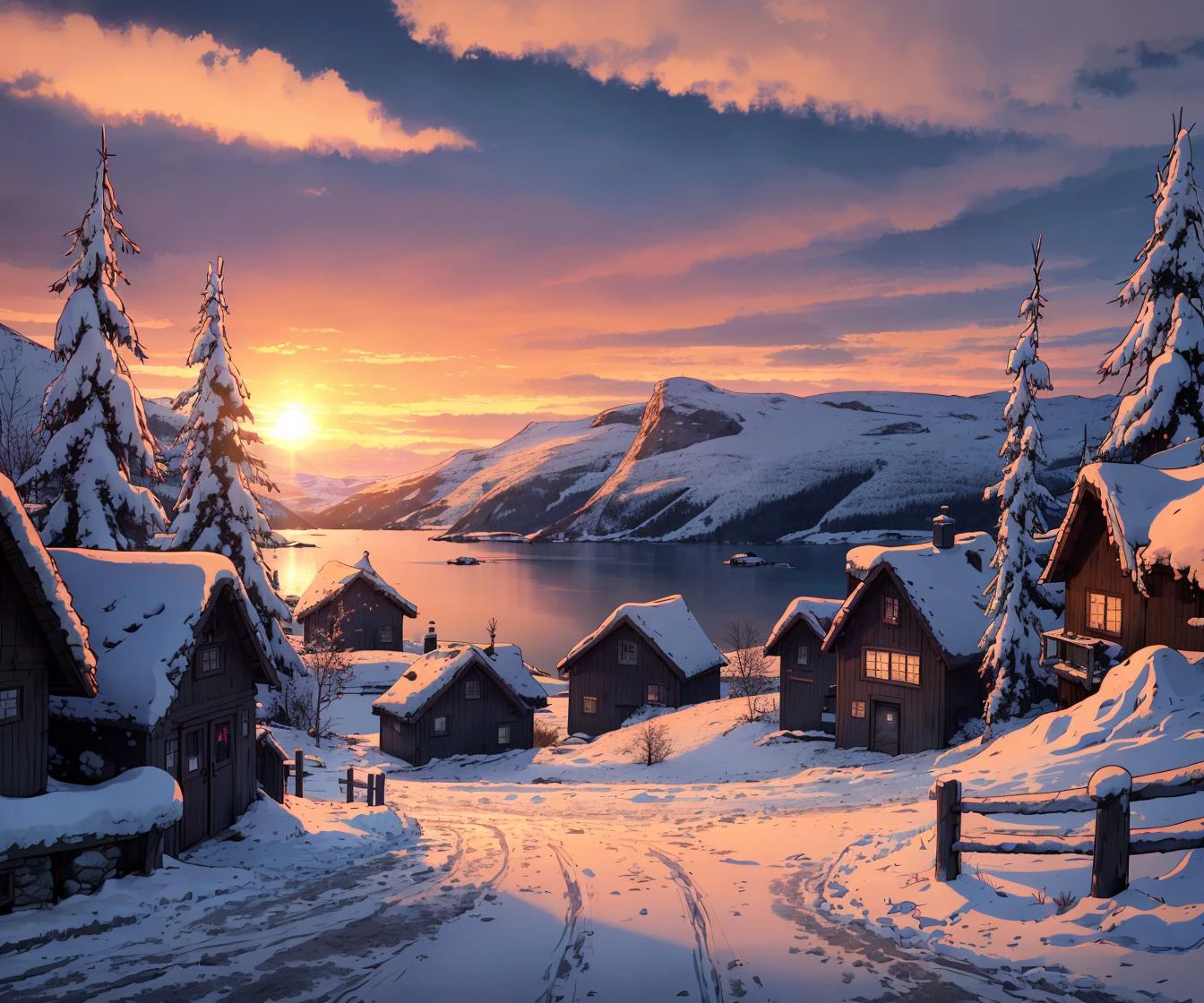 Norwegen, Schnee, gute Qualität, 8k, Realistisch, Beste Beleuchtung, ausführlich, Sonnenaufgang, Ultrahochauflösend, photoRealistisch, RAW-Foto, im Stil von Gravityfalls 