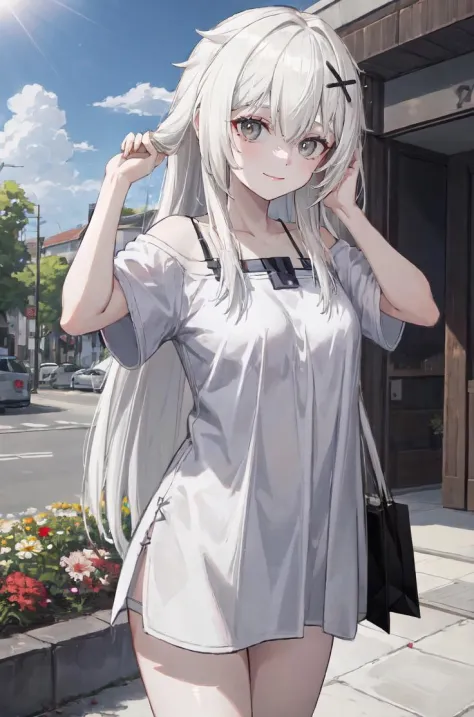 white hair, long hair, grey eyes, x hair ornament
cowboy shot, white shirt, t-shirt, plain shirt, short sleeves, small breasts, ...