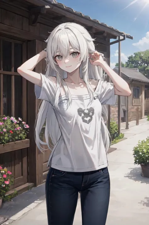 white hair, long hair, grey eyes, 
cowboy shot, white shirt, t-shirt, plain shirt, short sleeves, small breasts, spaghetti strap, adjusting hair, outdoors, shopping, light smile, sunshine, flowers
 <lora:21-31(3):1>