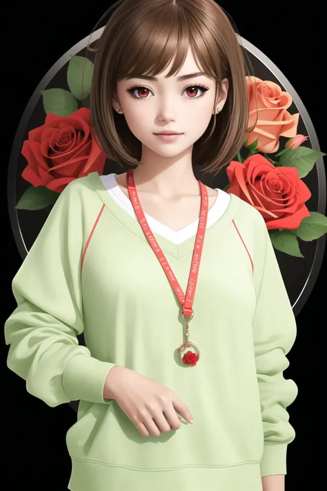 a close up of a person wearing a green sweater and a red rose