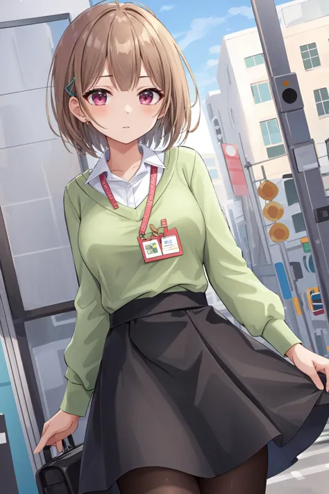 anime girl in green sweater and black skirt walking down the street