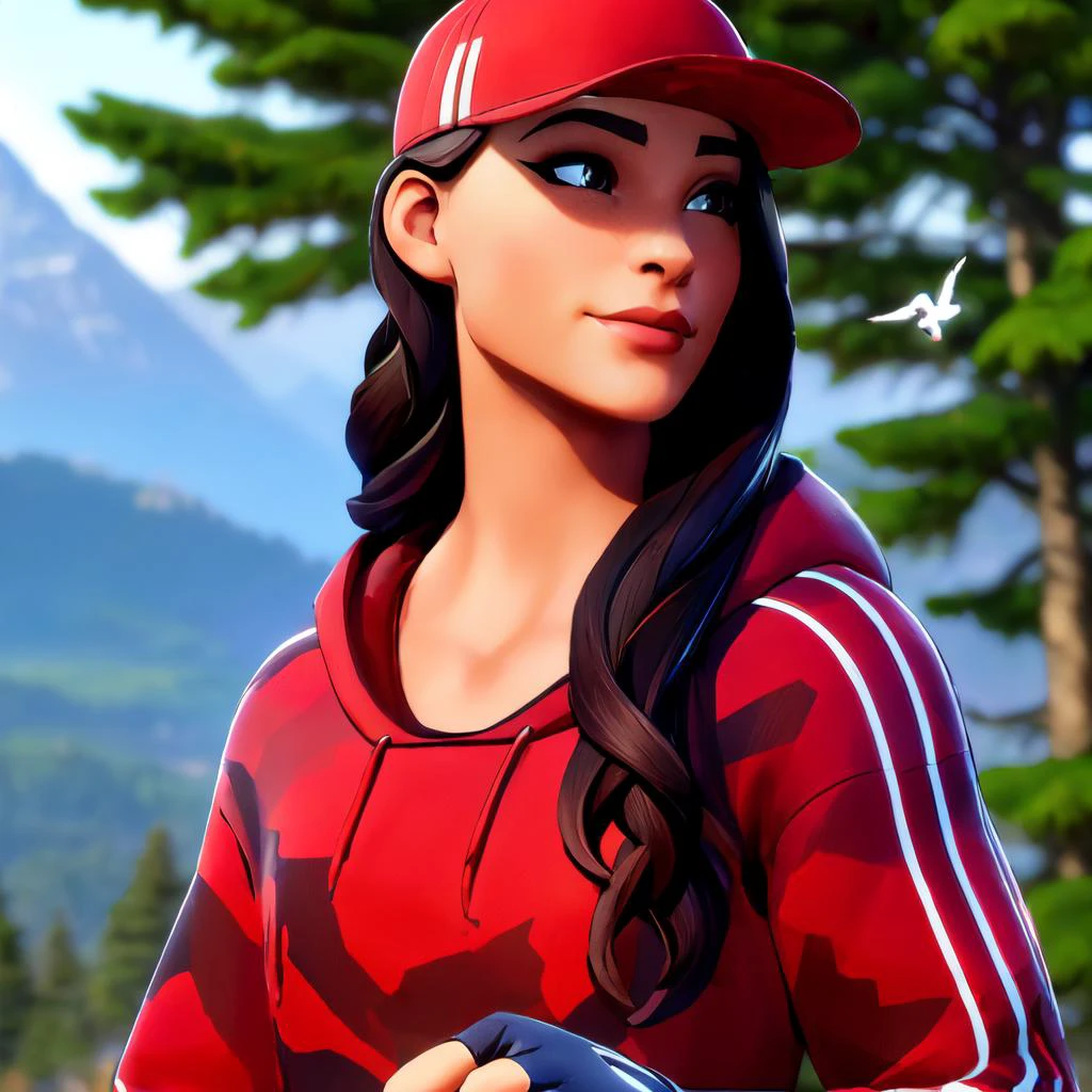 (((portrait:1.4)), leaning on a wood reeling, frontal view, mountains in background, deer, racoon, birds ))(ruby, red cap, red outfit:1.2, red pants, black gloves, white shoes), beautiful girl, high detail skin, high detail eyes, high detail hair, highres, ultra detailed, sharpen picture, Highly detailed, masterpiece, best quality, photorealistic,  