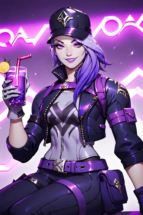 score_9, score_8_up, score_7_up, masterpiece, high quality
 <lora:RubyRemedyToxinPonyLora:0.8>purprem, long hair, purple hair, hat, black cap, jacket, shirt, armlet, gloves, belt, pants, thigh holster, portrait, in a dark club, neon lights, smile, purple theme, sitting, holding a drink