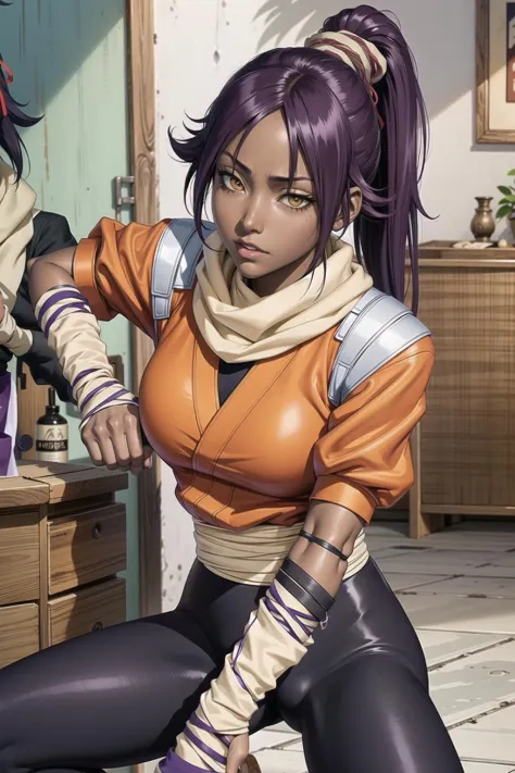 POV, looking in mirror, orange shirt, shihouin yoruichi, 1girl, solo, dark skinned female, dark skin, ponytail long hair, parted bangs, purple hair, yellow eyes, black leggings, waist accessory, scarf, gloves, ((leg warmers)), white shoulder straps,  <lora:xxxxxv4-000006:.7>