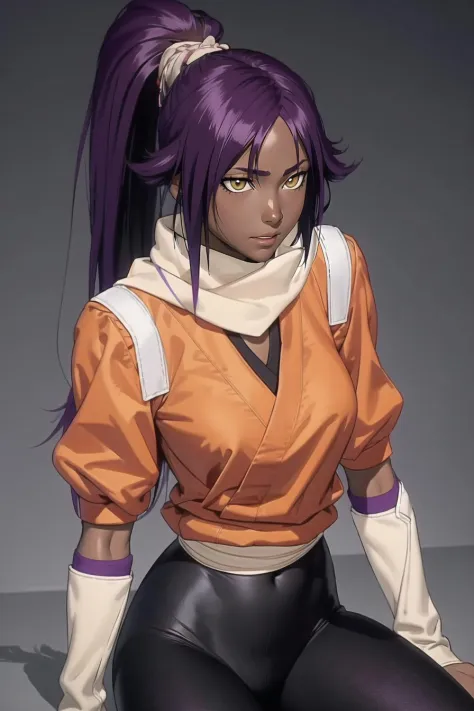 highres, shihouin yoruichi, orange shirt, black leggings, shirt accessory, waist accessory, scarf, leg warmers, shoulder pads, detached purple sleeves, 1girl, solo, dark skinned female, dark skin, ponytail long hair, parted bangs, purple hair, yellow eyes, <lora:Yorui-more-v3.1:.7>, v neck,