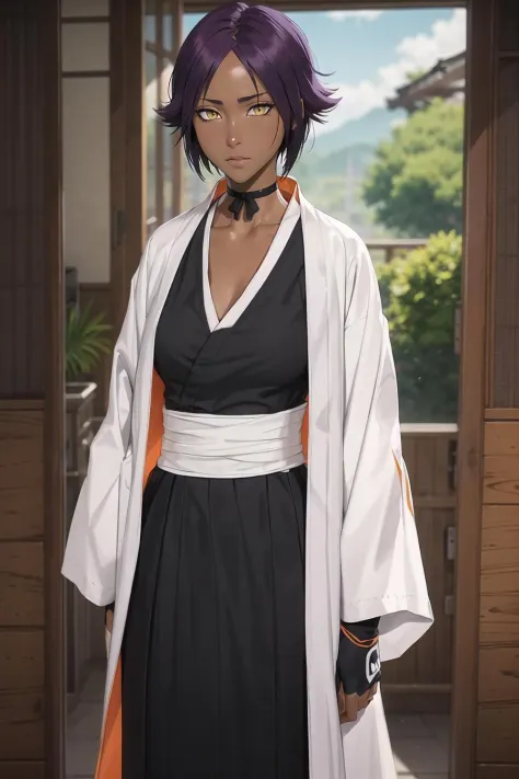 shihouin yoruichi, open white coat,  black kimono, hakama, white sash, 1girl, solo, dark skinned female, dark skin, short hair, ...