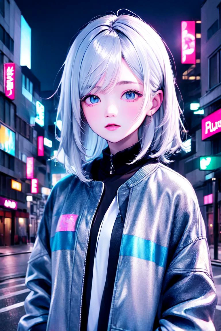 (exceptional, best aesthetic, new, newest, best quality, masterpiece, extremely detailed, anime, waifu:1.2)
BREAK
1girl, solo, silver hair, blue eyes, white jacket, street, night, neon lights, standing, upper body