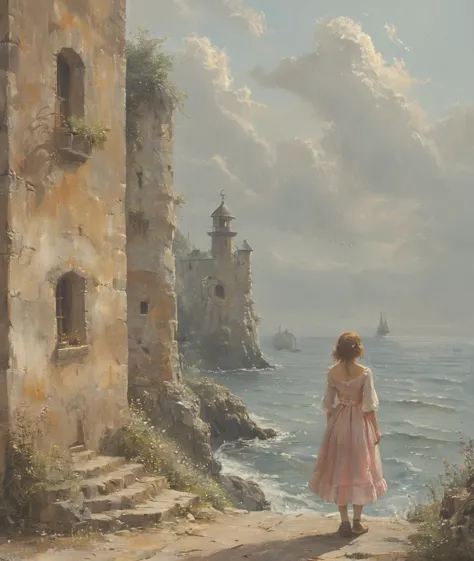 <lora:tbh299-sdxl:0.52> style of Carl Spitzweg, Near the old lighthouse overlooking the harbor, the French fisherman's widow stands resolute. Her confident pose and wind-brushed skin, tinged with a salty tang, reflect the early morning light's soft pink-golden hues, infusing the atmosphere with a dynamic, lively essence. Windswept strands framing her face with a salty tang. She inspires with her carefree and light-hearted, cheeky allure, an air of confident graceful femininity. Irresistibly cute, with (charming blush). With flawless, immaculate, and neat (deep-toned sun-kissed skin), her complexion radiant with a golden hue, as if kissed by the Mediterranean sun, each feature carved with elegance and grace. subtle eyeliner with a Healthy Blush, Highlighter and mascara Dressed in her (traditional adorned high-leg full-body leotard) adorned with (intricate embroideries)  a veil (traditional embroidered and embellished full-body veil), with her (intricate crochet laced) adorned(pure silk) and satin (stockings with garters:1.2) in traditional patterns and colors. Her fierce red hair, tied up to keep it practical, glows in the warm hearth light. Windswept strands framing her face with a salty tang. The scene captures the raw beauty and resilience of Bretagne's coast in the 1680's, reminiscent of Franz Xaver Winterhalter's maritime studies. This authentic portrayal of French maritime life is rendered in a vintage film emulation style, evoking the artistic sensibilities of Jean-Francois Millet, Arthur David McCormick and Charles Sillem Lidderdale A testament to the life at sea, reflecting an authentic French maritime ambiance, celebrating 1680's Bretonic charm of ancient coastal life and cultural significance of a Bretonic woman. Depicted by William Trost Richards, Alfred Thompson Bricher, and John Frederick Kensett., <lora:add-detail-xl:0.45>, <lora:detailed_notrigger:0.31>