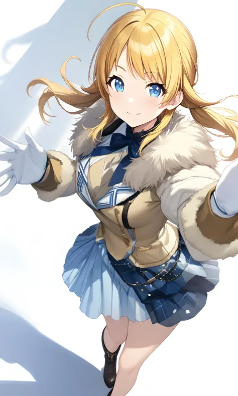 anime girl in a short skirt and fur coat with her arms outstretched