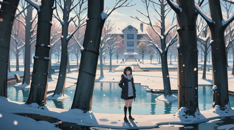 anime girl standing in the snow near a pond and trees