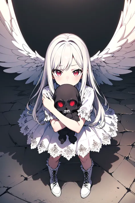 anime girl with white hair and angel wings holding a black cat