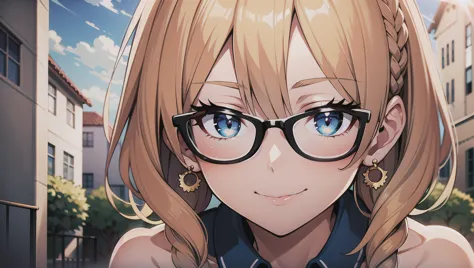 anime girl with glasses and a ponytail in a city