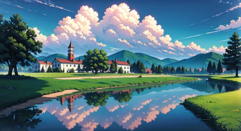 anime scenery of a church and a river with a church in the background