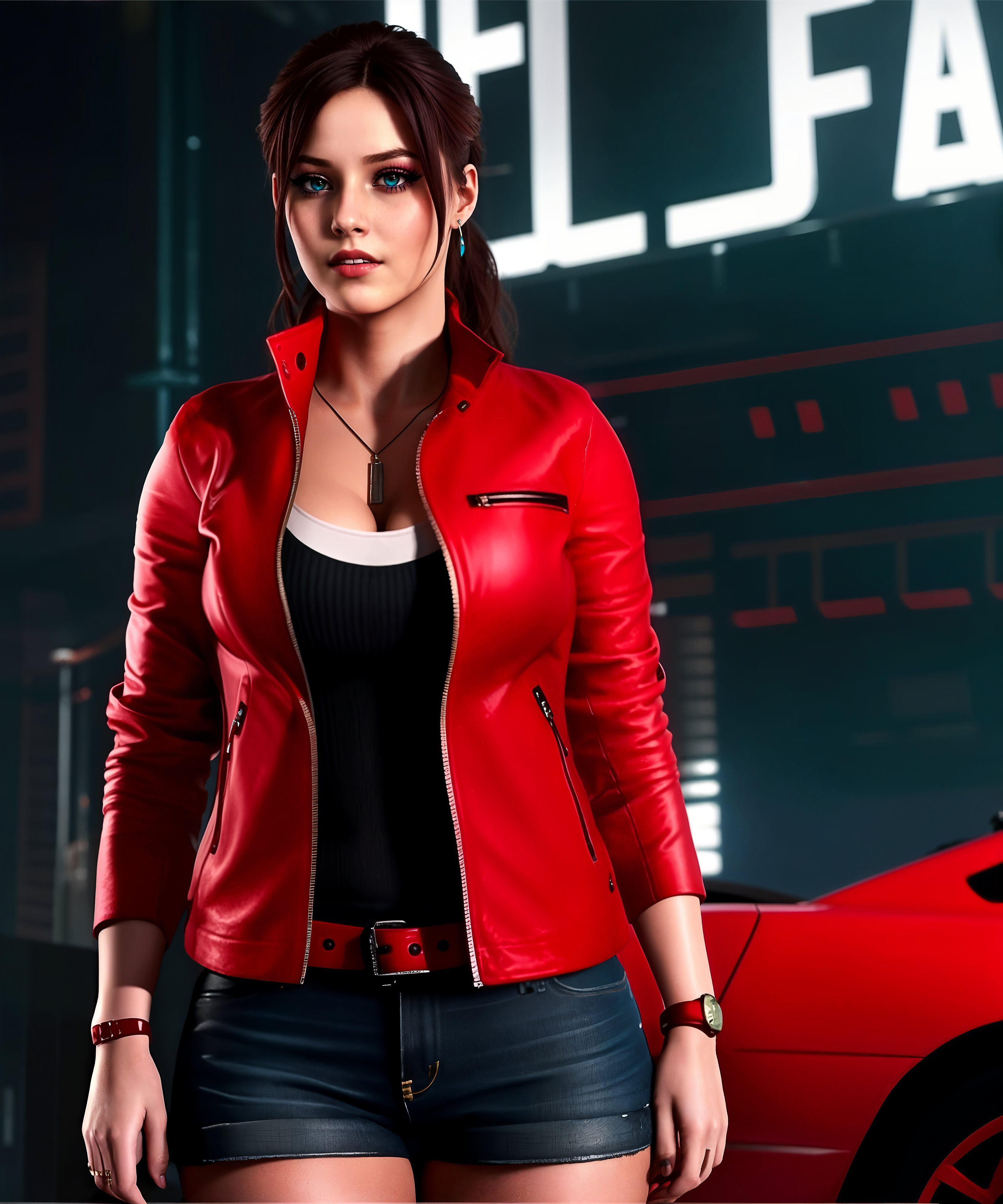 A woman in a red jacket and black top standing next to a red car - SeaArt AI