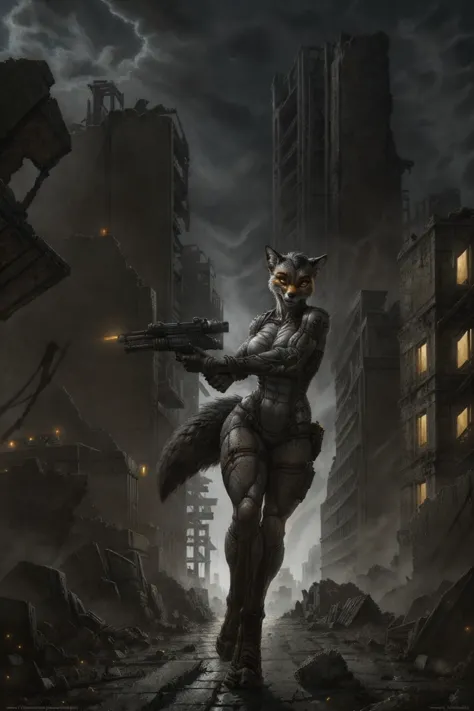 a woman in a cat suit holding a gun in a city