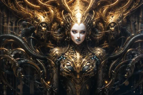 ((white hair,robot girl)),(ptp girl),(H.R.Giger),(gold trim,BCI,rococo_style headgear, gold armor:1.2), (Mythic,religion:1.2),(gorgeous queen,Uygur:1.2),(fantasy art,Classic poster,space opera,epic sci-fi artwork:1.2),(Terrible hallucination,extremely absurd,beautiful and aesthetic,dreamlike:1.2),
(cybernetic,sci-fi rococo,hyper-realistic sci-fi,futuristic:1.2),
(cyberpunk, xenomorph:1.2),
(best quality,masterpiece:1.3),(realistic,ultra-realistic,soft light, sharp:1.2),insane detailed,
(high key lighting),((blue lips),heavy makeup:1.2),
(elegance,beautiful image,femme fatale:1.2),(shiny skin:1.2),anatomically correct,(hourglass figure,Thick body:1.2),
<lora:rococo xenomorph:0.7>ï¼ <lora:ayami:0.7> AYAMI STYLE,<lora:detail_slider_v4:1> ,more detail,   <lora:majisbpk_20230704213723:0.6>, <lora:åç:0.4>