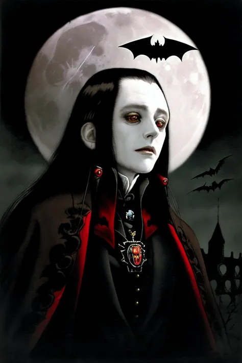 a painting of a vampire with a bat on his shoulder